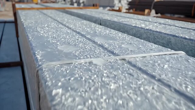 Stacked Galvanized Metal Beams - A medium shot showcases stacks of neatly arranged galvanized metal beams.