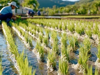 Rice field with farmer silhouette working in paddy storytelling agriculture concept soft natural light wide composition cinematic realism, Realistic Photo