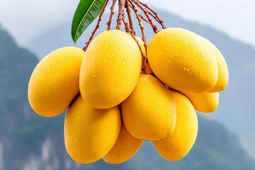 Mango orchard with multiple fruits wide angle landscape tropical countryside atmosphere natural sunlight professional photography look, Realistic Photo