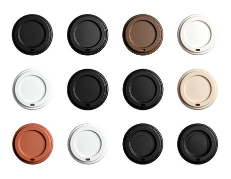 Array of twelve assorted disposable coffee cup lids