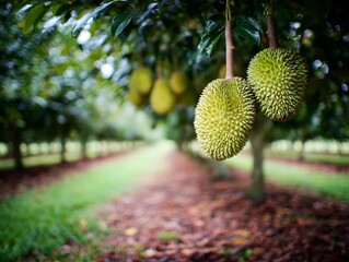 Durian fruit hanging low from tree farmer viewpoint angle rural Thailand orchard mood warm daylight realistic textures documentary photography style, Realistic Photo