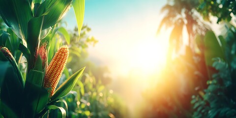 Corn stalk with ripe corn ears harvest season concept warm natural light rustic farming mood close-up composition ultra realistic photography, Realistic Photo