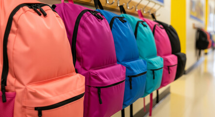 Vibrant backpacks line up in a school hallway, symbolizing the start of a new school year. The bright colors, the anticipation of learning.