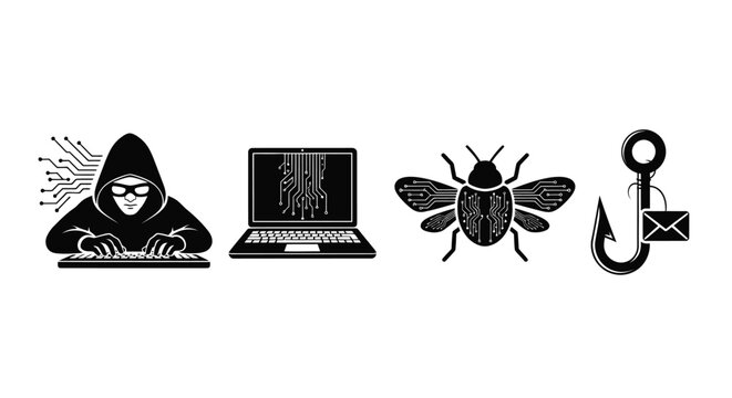 Cybersecurity threats icons show a hacker, laptop, bug, and phishing hook.