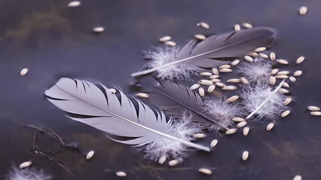 Close-up of feathers and seeds scattered on a dark surface, artistic composition.