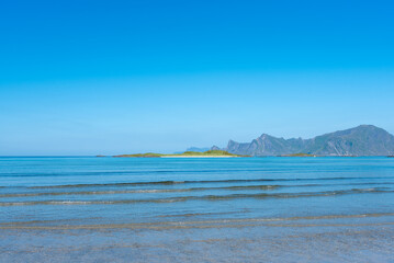 Landscape at Yttersand beach near Fredvang district of Yttersand. Lofoten in Norway.