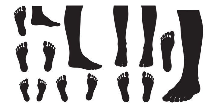 Vector set of human footprint and leg silhouettes, collection of black anatomy icons and feet step symbols for medical and fitness design.