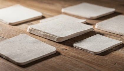Fototapeta premium Medium shot featuring square disposable paper coasters spread out on a wooden surface highlighting their sturdy paperboard material and cleancut edges perfect for casual dining