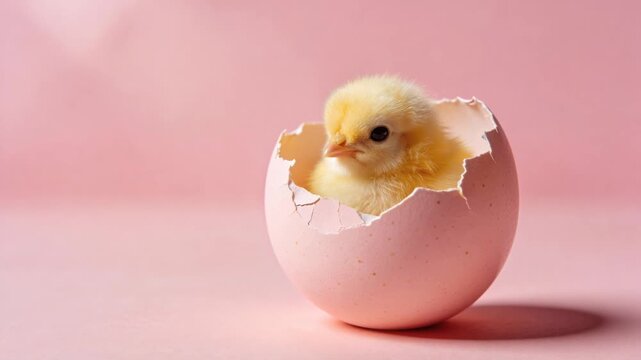 Cute yellow chick hatching from cracked eggshell on pastel pink background for Easter spring concept with copy space.