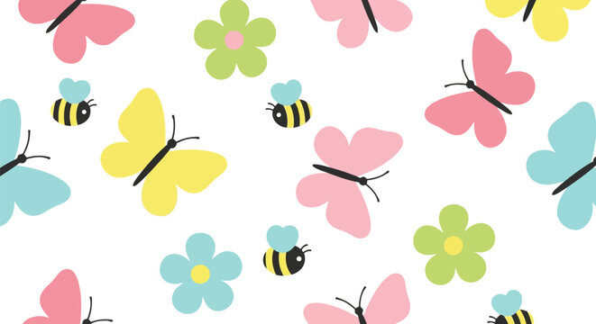 Spring butterfly and bee seamless pattern vector clipart with pastel flowers for kids design