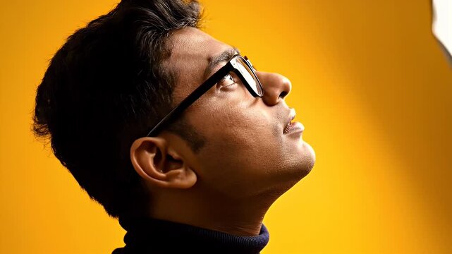 Thoughtful Man Gazing Upward on Yellow - A man with black-rimmed glasses looks upward with a thoughtful expression against a vibrant yellow background.