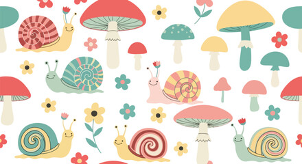 Cute snail and mushroom seamless pattern vector clipart for kids, spring, nursery, and fabric design © azad