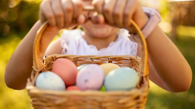 Close-up of little girl holding a wicker basket with pastel easter eggs in a sunny park, spring holiday celebration with bokeh background.