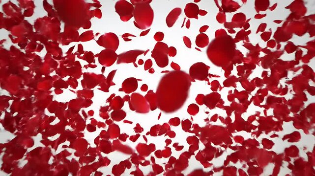Falling Red Rose Petals - A myriad of vibrant red rose petals cascades down in a visually stunning display. The petals are spread across the frame, creating a sense of depth and movement.
