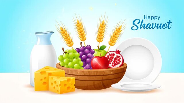 Shavuot Greeting Card Design with Dairy Feast Fruit Bowl Bread and Wheat Vector Motion Scene