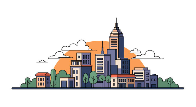Cityscape illustration featuring various buildings and structures against a sunset backdrop.