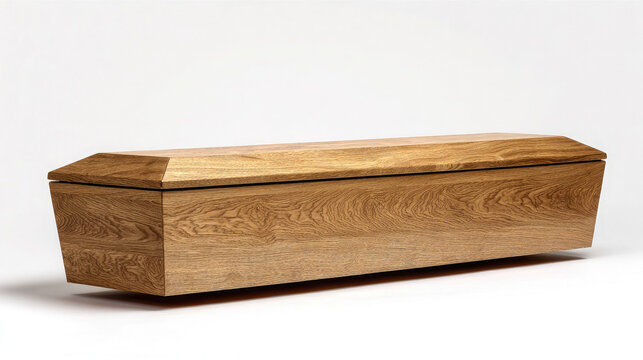 A minimalist modern casket made of light polished oak with clean lines, depicted against a white studio background. Funeral home, coffin plaque.