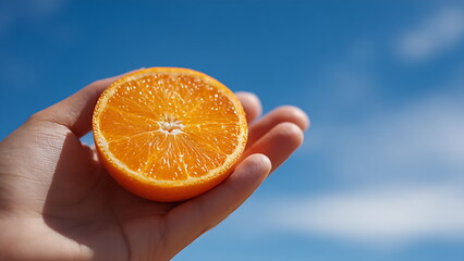 photo of an orange held in hand against a blue sky background