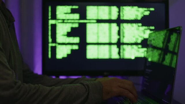 Tech tests environment, Screen reflections and professional technical setup observed, Technician performs simulation analysis while monitors reflect complex green digital data under purple lighting
