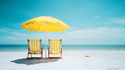 yellow beach chairs and umbrella on the beach
