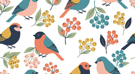 Fototapeta premium Seamless birds and berries pattern vector clipart, colorful retro style decorative illustration
