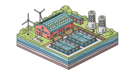 Obraz premium Isometric view of a sustainable energy power plant with solar panels and wind turbines.