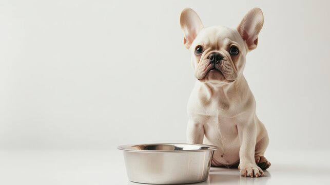 Adorable cream-colored French bulldog puppy sitting expectantly beside polished stainless steel food bowl, studio lighting on pristine white background, attentive facial expression with classic bat