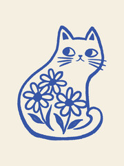 Naklejka na ściany i meble Floral cat doodle hand drawn vector illustration