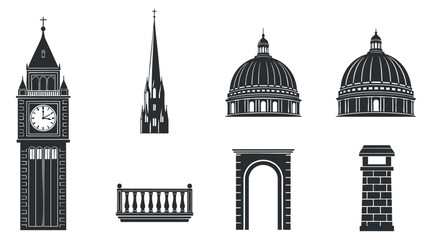 A collection of travel map icons featuring airplanes, landmarks, and navigation symbols in black and white vector style, suitable for travel-themed designs