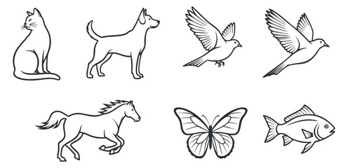 Fototapeta premium A collection of educational and literary icons including open books, graduation cap, and research symbols in minimalist outline vector style, suitable for academic and library themes