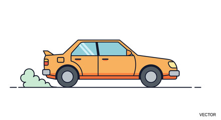 Fototapeta premium Orange sedan car illustration with smoke trail driving on the road side view.