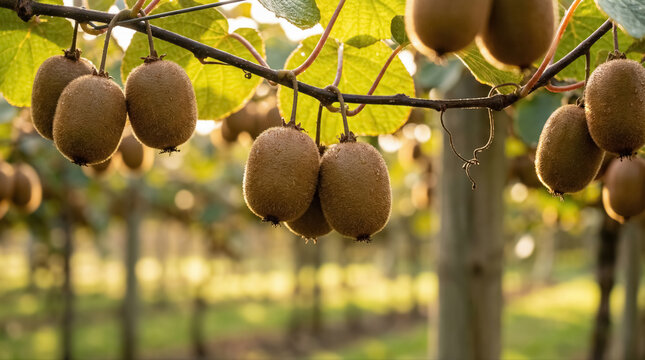 Ripe kiwifruit hanging on vine in New Zealand orchard at golden hour. Сlose-up of fuzzy kiwi cluster on trellis with sunlit leaves, agricultural harvest, fresh organic produce.