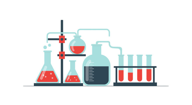 Scientific laboratory equipment illustration featuring beakers and test tubes with liquids.