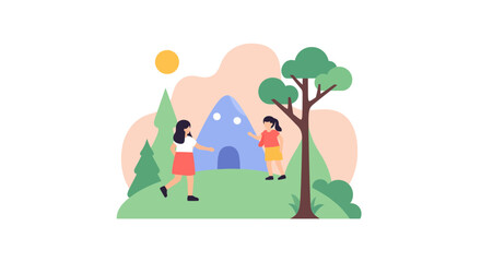 Obraz premium Two girls are playing near a blue tent in a sunny outdoor environment.