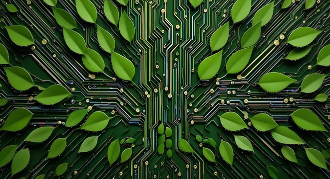 Circuit board with green leaves, eco-friendly technology concept, for website or presentation background, ecology and innovation