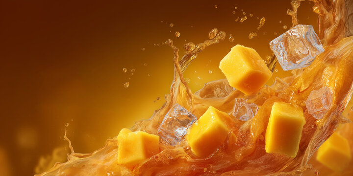 Juicy sliced mango with icy splashes and floating cubes, creating an energetic background for beverage branding, posters and digital ads