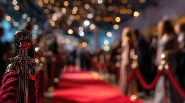 Long red carpet between barriers, blurred figures of photographers and flashes, film festival awards ceremony, Hollywood, Cannes, award, prize, film academy, Venice Film Festival, movie night, fame