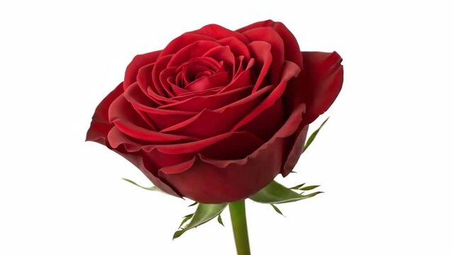 Close-up view of a single red rose in full bloom with green stem and leaves