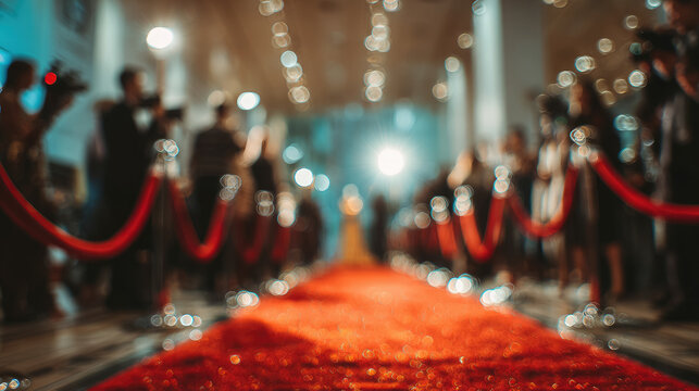 Long red carpet between barriers, blurred figures of photographers and flashes, film festival awards ceremony, Hollywood, Cannes, award, prize, film academy, Venice Film Festival, movie night, fame