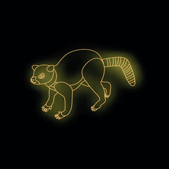 Neon yellow lemur running with striped tail on black background © ylivdesign