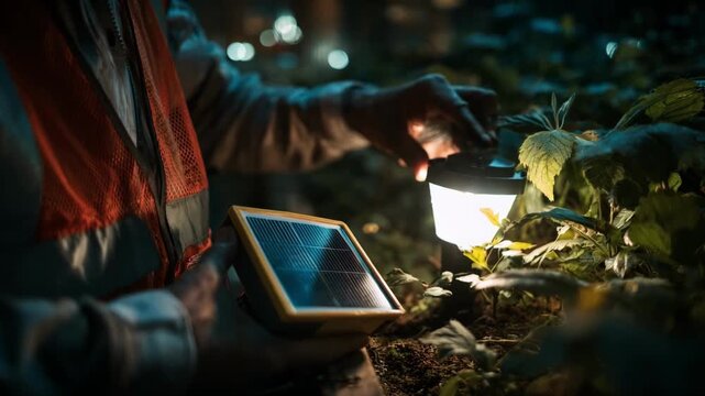Expert hands replacing rechargeable battery in solar garden light enhancing sustainability and extending the devices usability for ecofriendly nighttime ambiance