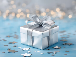 Silver gift box on blue surface with scattered stars