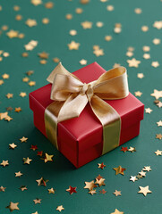 Bright red gift box on green surface surrounded by shiny gold stars