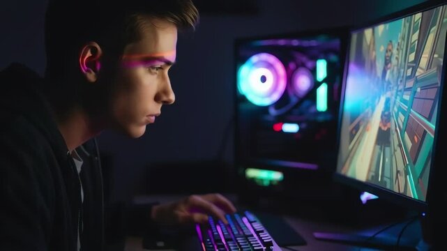 Focused Gamer Playing Video Game on RGB PC Setup at Night