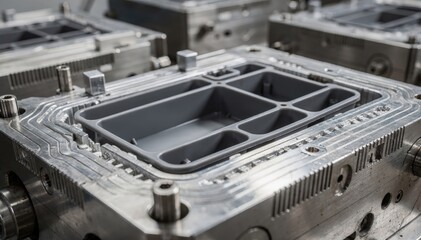 Closeup of modular plastic organizers shaped in injection molds focusing on cooling stages and detailed cavity structures for customizable desktop storage solutions.