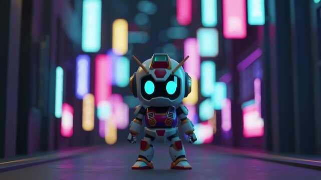 Futuristic Robot in Neon Cityscape Alleyway.