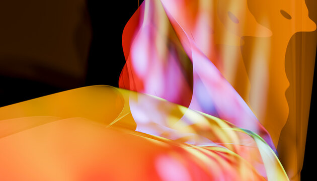 Abstract digital art with vibrant swirls of orange, pink, purple, and yellow hues. Illustration, rendering