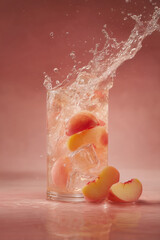 Fototapeta premium Refreshing peach iced tea splash with mint in glass, summer drink concept for menus and beverage ads.