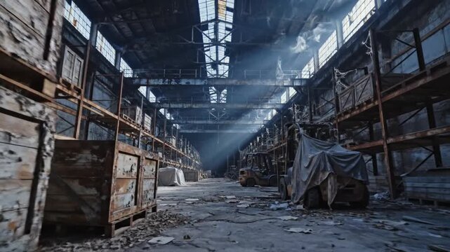 Abandoned industrial warehouse interior with dusty shelves and debris scattered on the floor under natural light streaming through skylights.