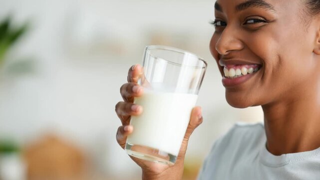 Smiling young black woman drinking a glass of milk at home, healthy dairy nutrition and wellness lifestyle with copy space.